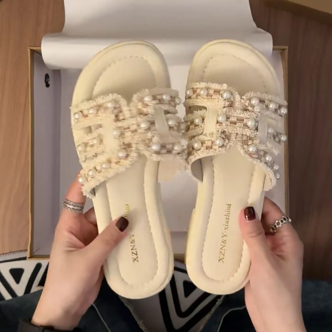 凉拖鞋女2025夏季韩版网红珍珠仙女风软底外穿防滑平底半拖鞋H628
