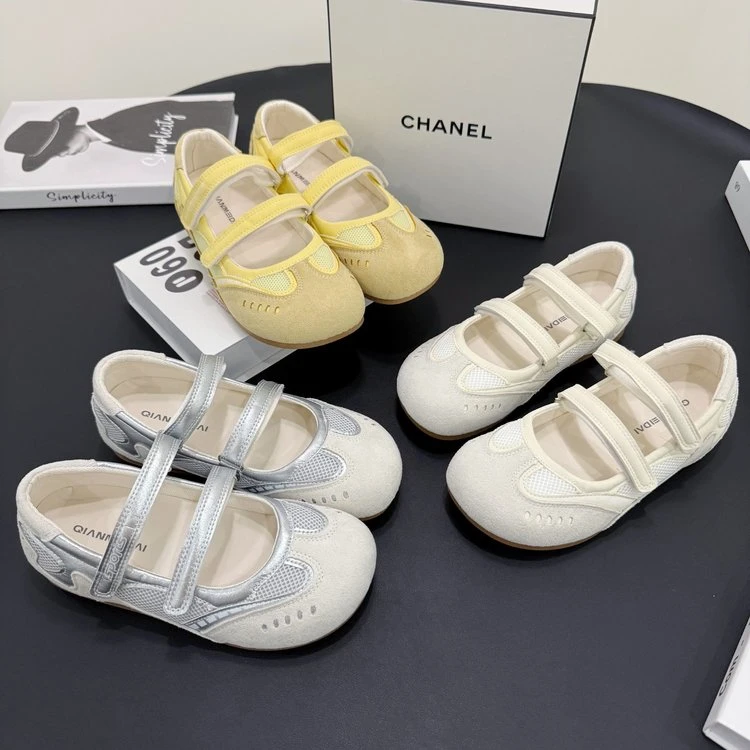 芭蕾舞黄色玛丽珍女鞋2025夏季新款软底双魔术贴浅口圆头网鞋单鞋