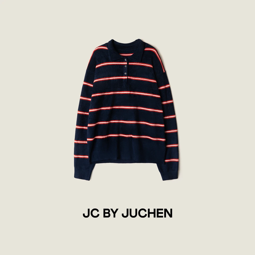 海军蓝撞色条纹POLO天鹅绒彩织宽松翻领套头针织衫FW118009-195