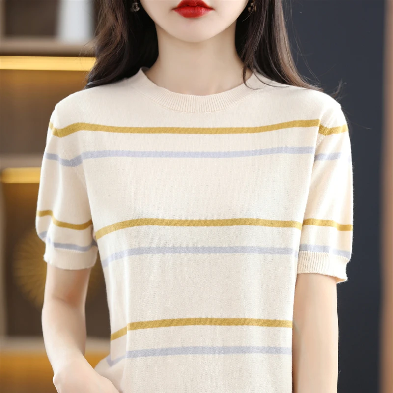 100%纯棉线夏季圆领撞色条纹针织短袖T恤女套头宽松简约体恤上衣