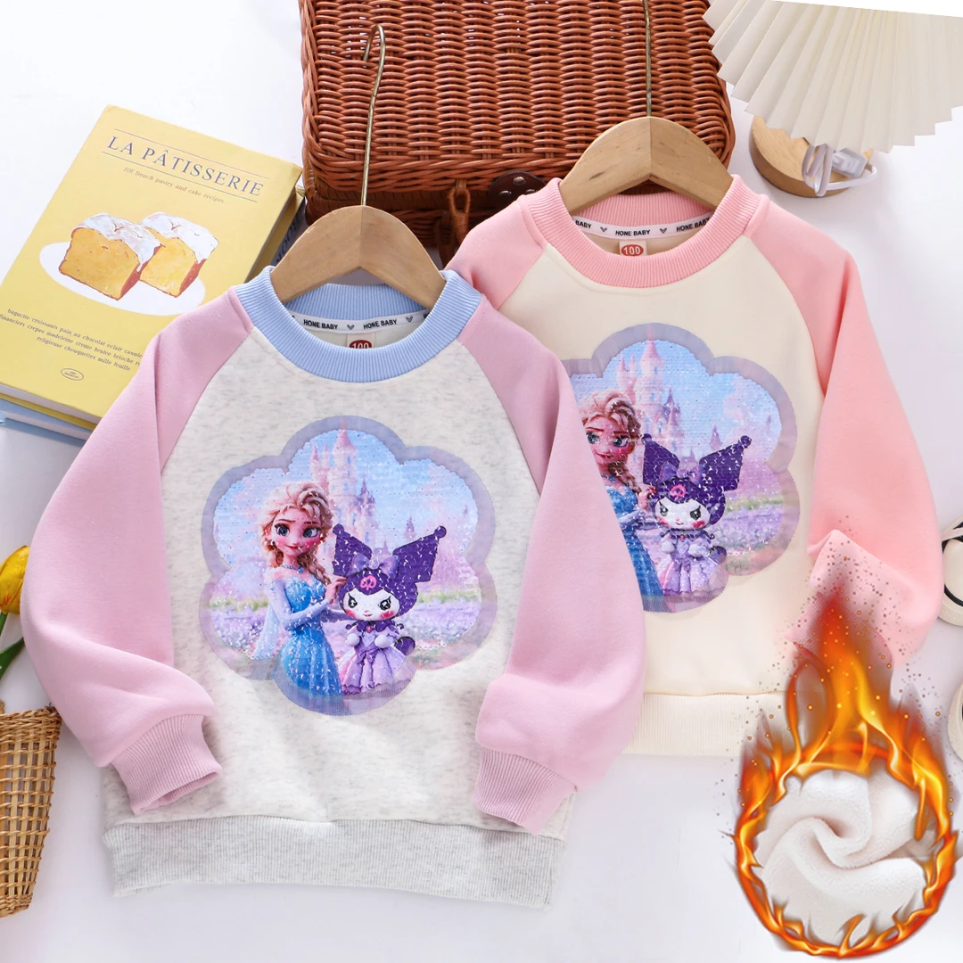 女童插肩袖变色亮片加绒卫衣冬季新款儿童宝宝女孩卡通圆领上衣