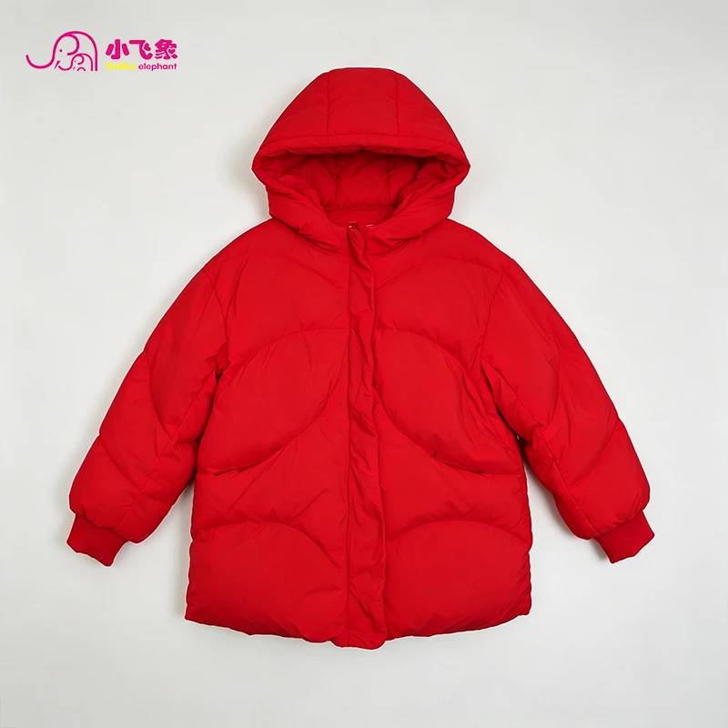 【小飞象】红色超厚羽绒服中长款5456