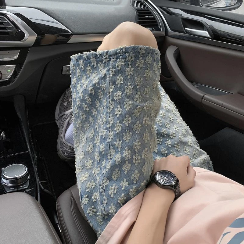 美式复古提花牛仔短裤男夏季薄款设计感破洞裤子宽松休闲五分中裤