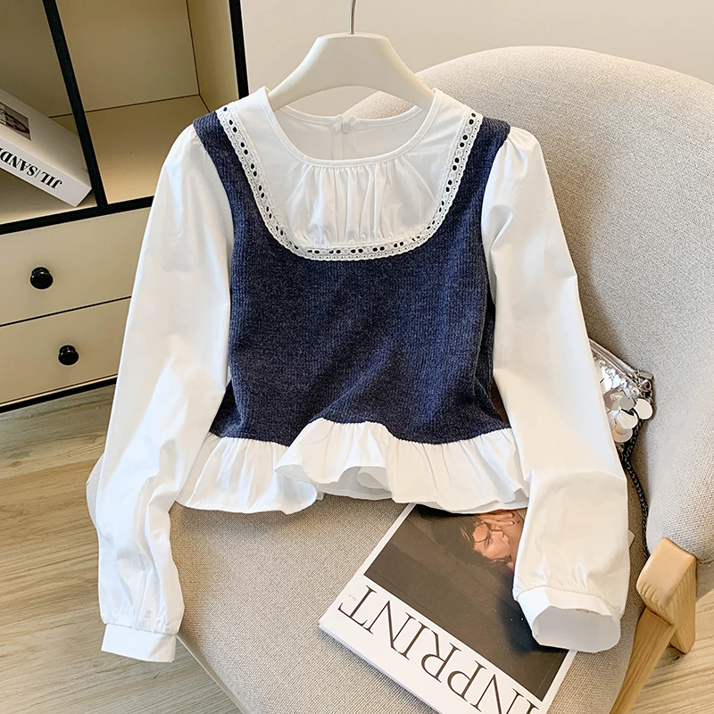 叠穿假两件拼接长袖衬衫女秋季穿搭设计感小众荷叶边白色衬衣上衣