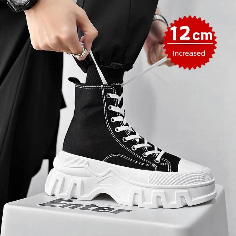 隐形内增高12cm10帆布鞋男款2026春秋透气百搭厚底休闲板鞋子