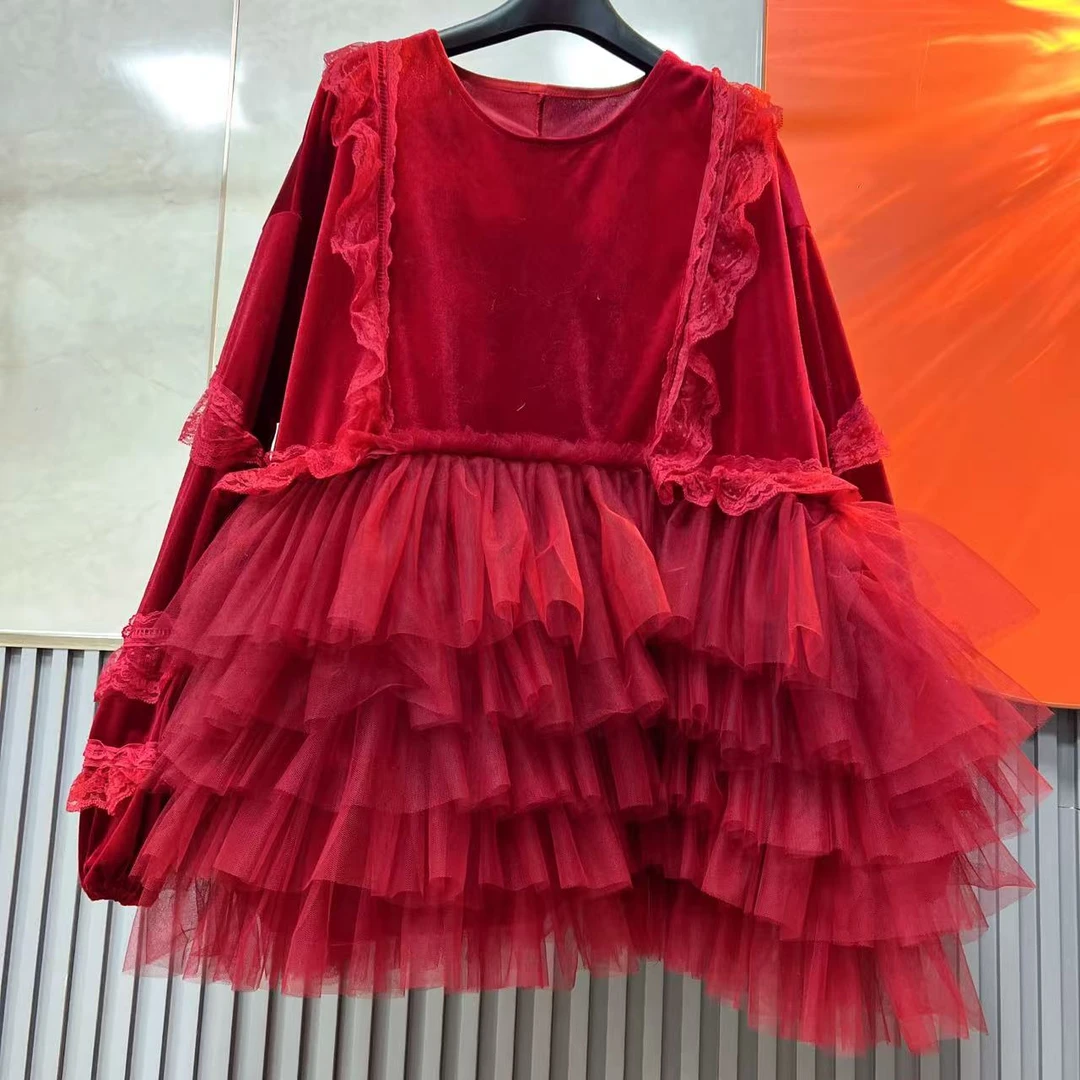 1810【熙妮潮牌】女装丝绒纱裙百搭蓬蓬裙冬季打底加厚连衣裙蕾丝