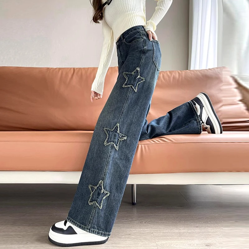 毛边五角星直筒牛仔裤女春秋2025爆款显瘦设计感梨型窄版阔腿裤子