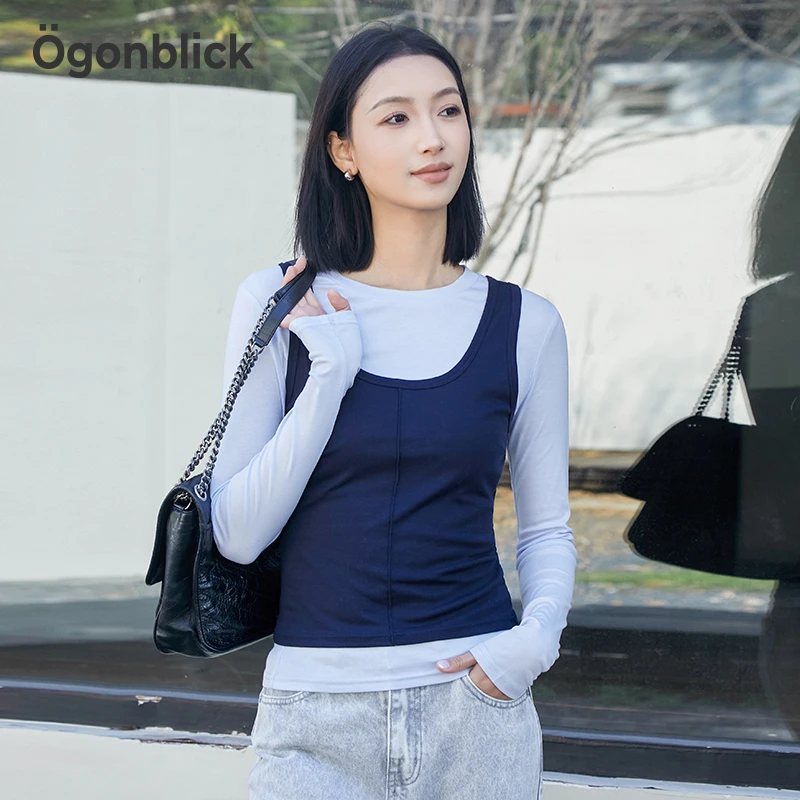 北欧时刻假两件打底t恤女春新款修身内搭上衣X21117515141