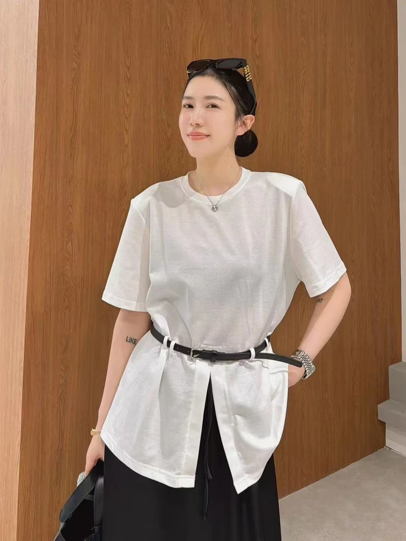 KM-T恤气质纯色可拆卸女士常规短袖设计感圆领印花25M157