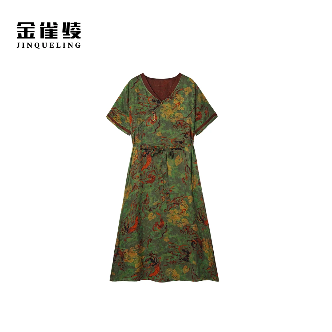 金雀绫【三兔飞天】香云纱100桑蚕丝新中式加宽加大连衣裙SZA2L328