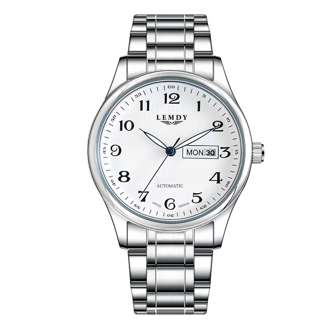 【专柜直发】男士经典白盘数字钢带双日历蓝针夜光手表潮商务腕表