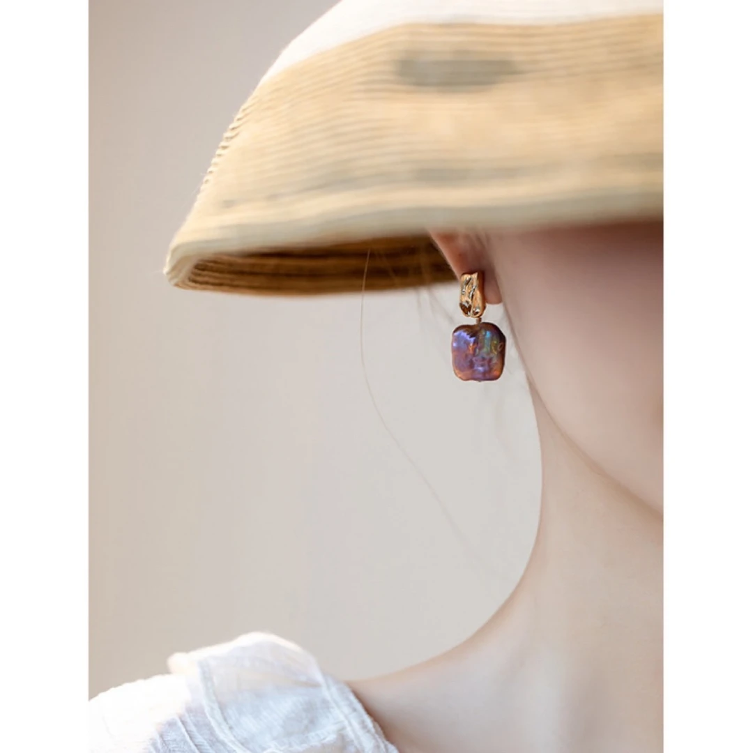 925银耳饰 法式复古天然方块巴洛克异形粉紫女宫廷风感耳环