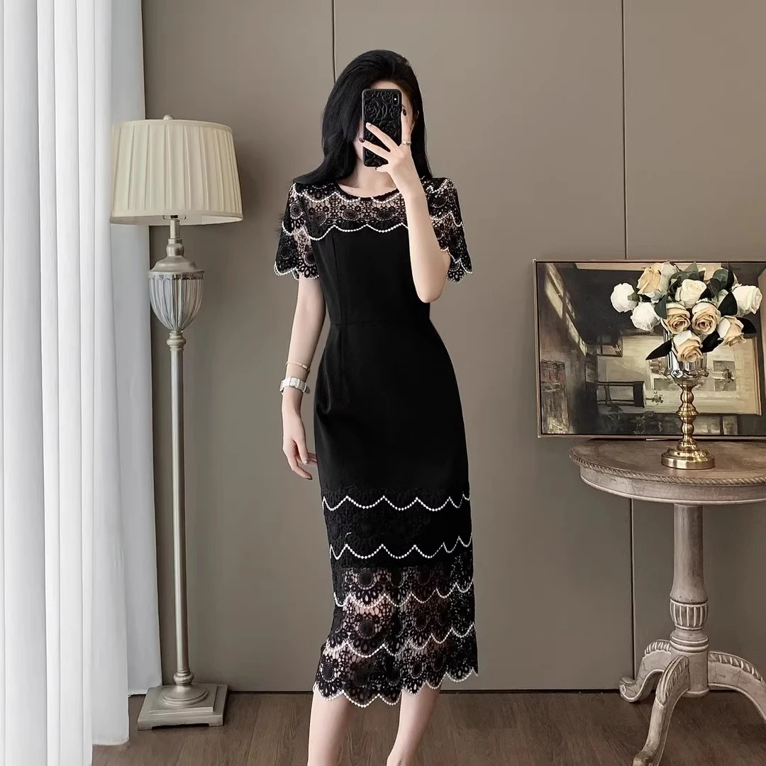 时尚新款高端品质连衣裙女2025夏季成熟御姐收腰显瘦黑色蕾丝裙子