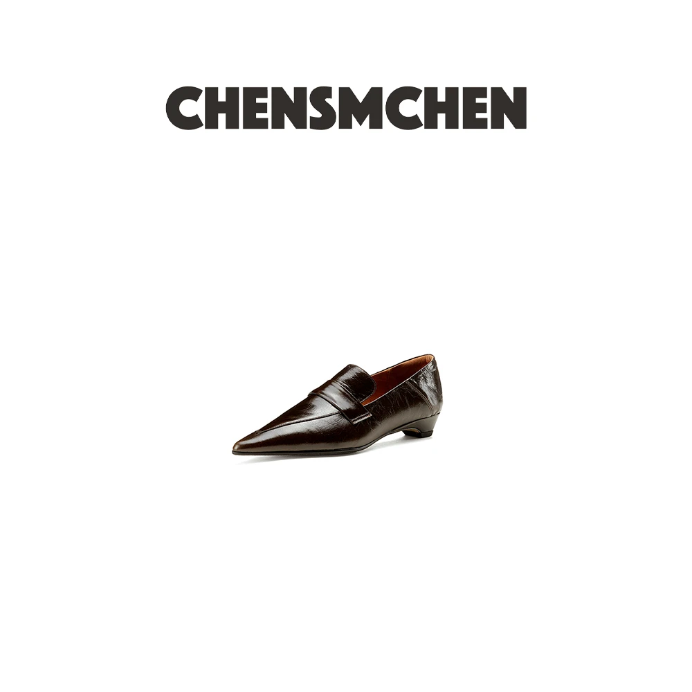 CHENSMCHEN 老钱风尖头棕色低跟玛丽珍小皮鞋