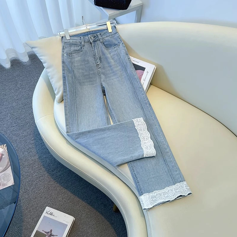拉夏贝尔蕾丝花边拼接阔腿九分牛仔裤2025夏新款百搭垂感直筒裤子