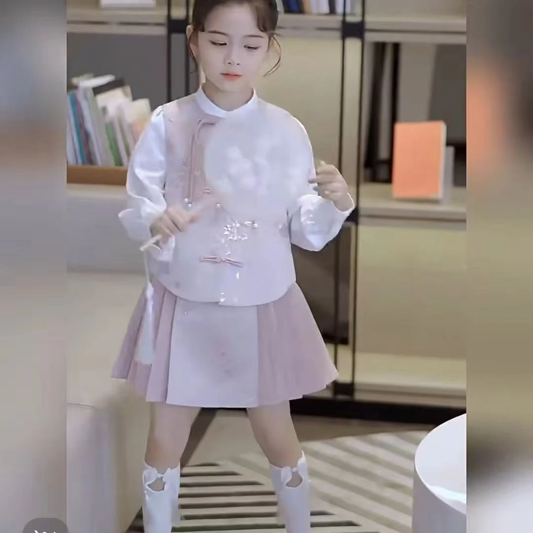 女童汉服新款套装儿童国风长袖春秋季马甲三件套小女孩洋气百褶裙