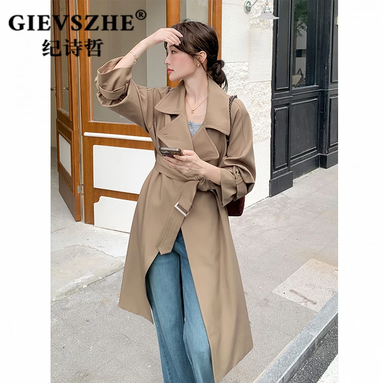 纪诗哲风衣中长款宽松法式气质风衣秋冬大衣卡其色休闲小个子时尚