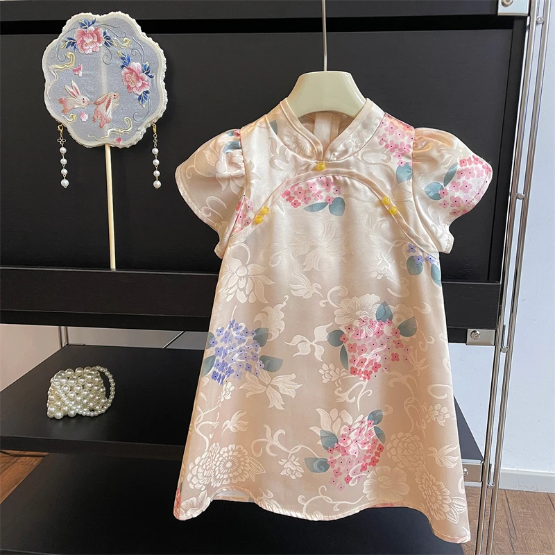 女童高级感国潮风绸缎短袖旗袍2025夏季新款女宝宝复古礼服连衣裙