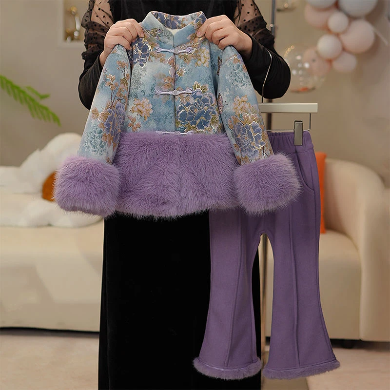 女童国风拜年外套套装2024新款中式棉衣儿童冬季D