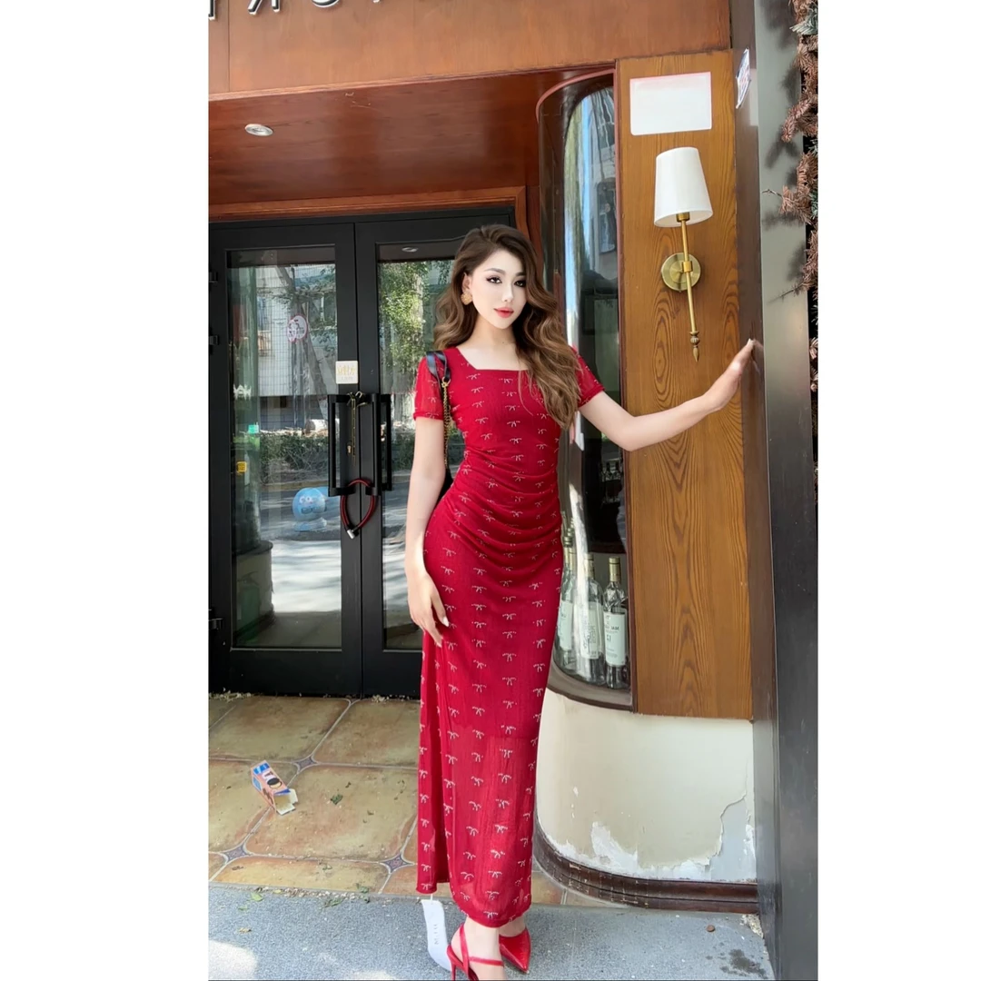 9801【古丽店铺】新款时尚夏季方网纱领烫钻气质女装连衣裙