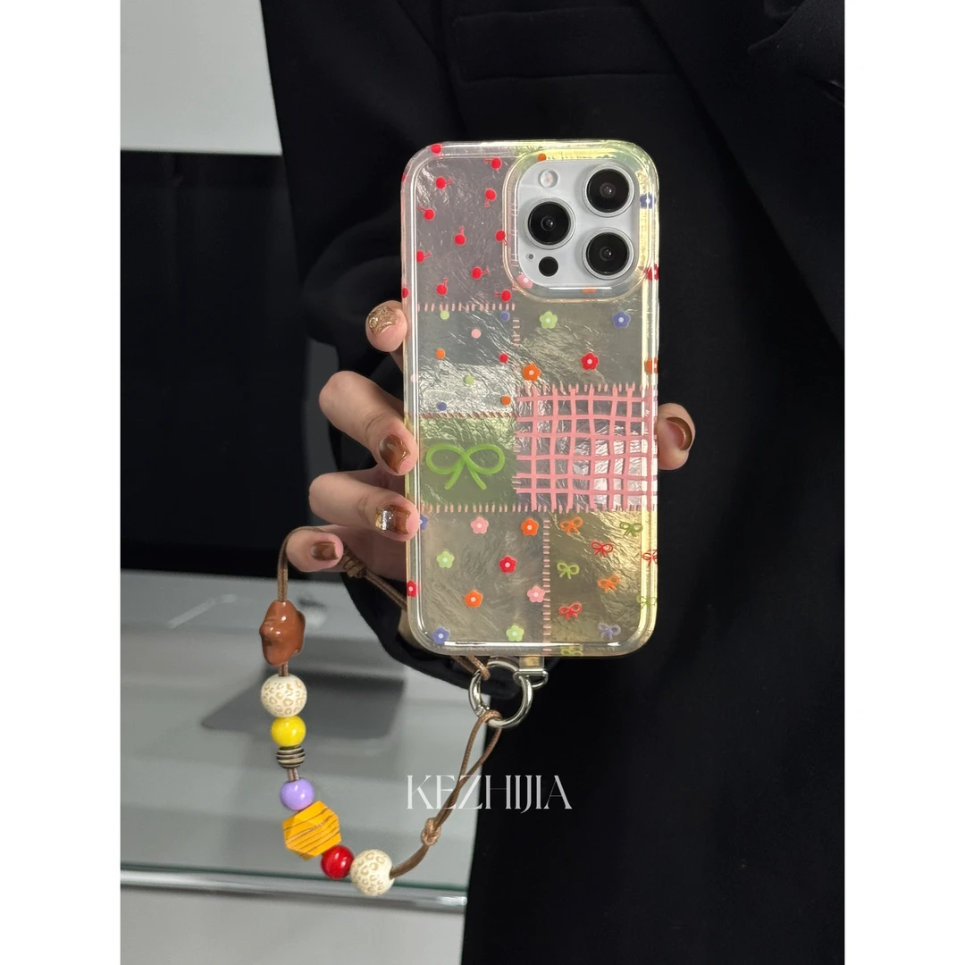 【壳之】高级彩色碎花蝴蝶结拼接适用苹果16/15/14/13promax手机壳