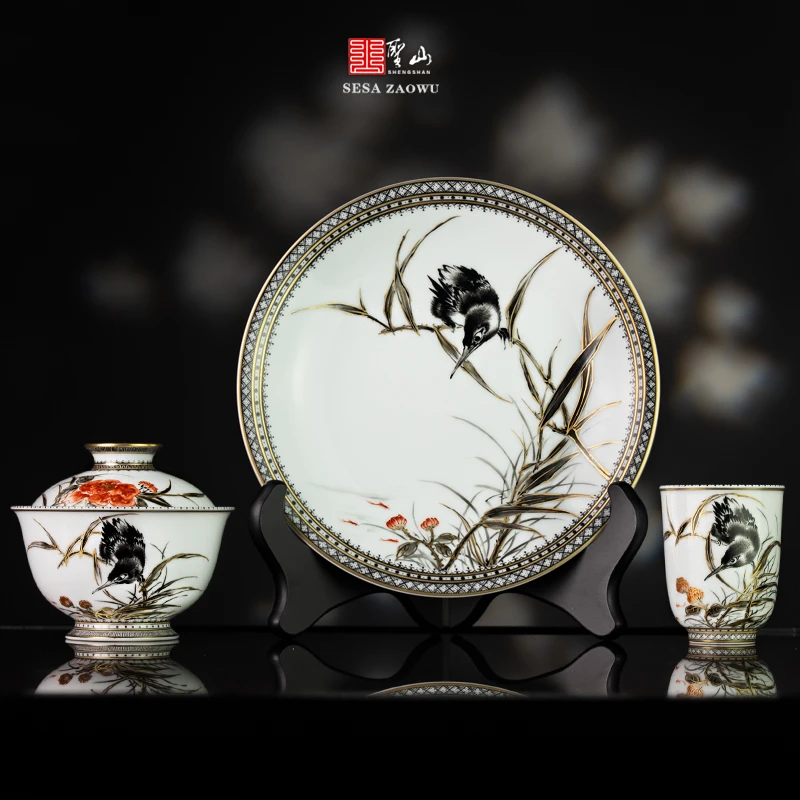圣山高端墨彩矾红茶具景德镇陶瓷手绘单翠花鸟盖碗茶具泡茶盖碗