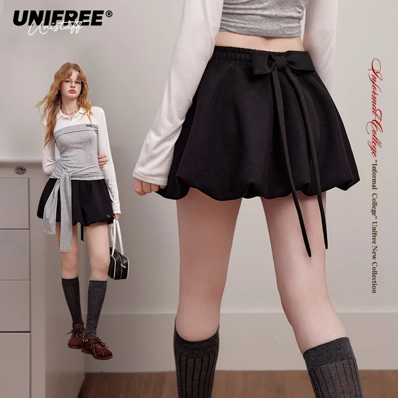 unifree毛呢黑色半身裙女刺绣短款时尚甜酷A字版裙U253Q623P1P1