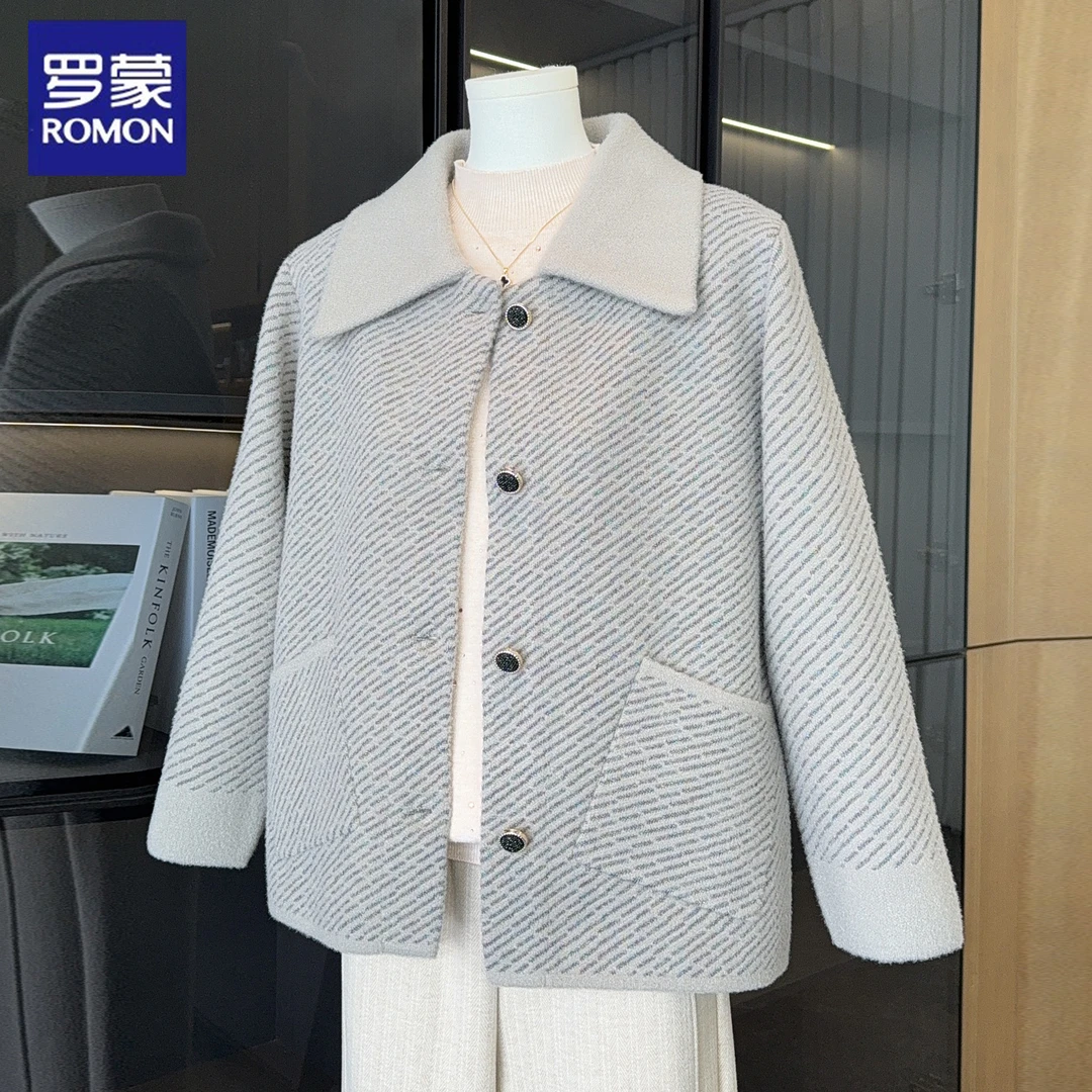 罗蒙2025新款50岁妈妈秋装毛呢外套中老年女装洋气针织开衫上衣服