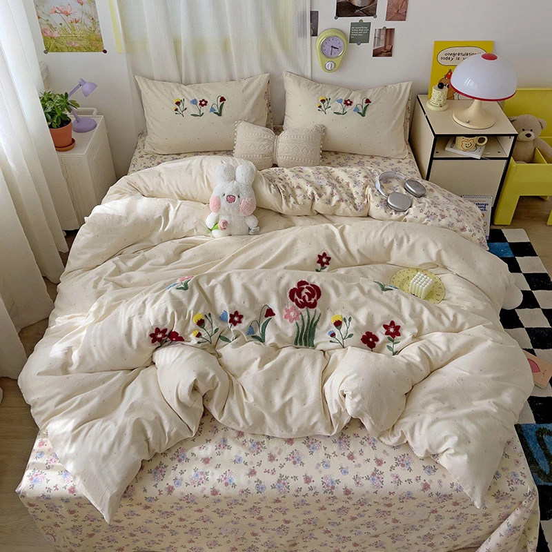 【山花漫】100%全棉毛巾刺绣款四件套少女心小清新绣花全棉四件被套