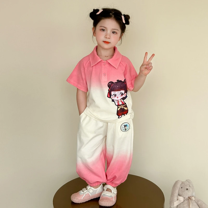 哪吒儿童服装女童运动套装夏季2025新款女孩polo衫短袖T恤两件套
