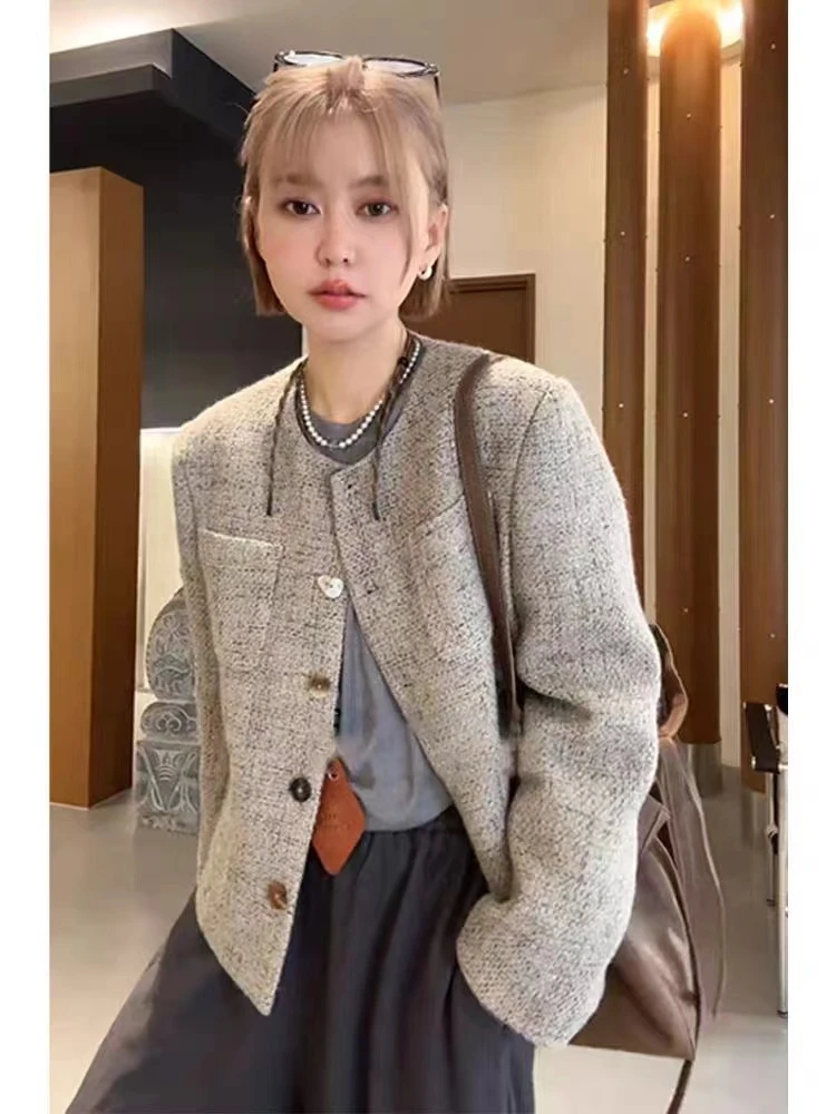 法式高级感小香风外套女初春名媛精致轻奢休闲百搭圆领灰色上衣