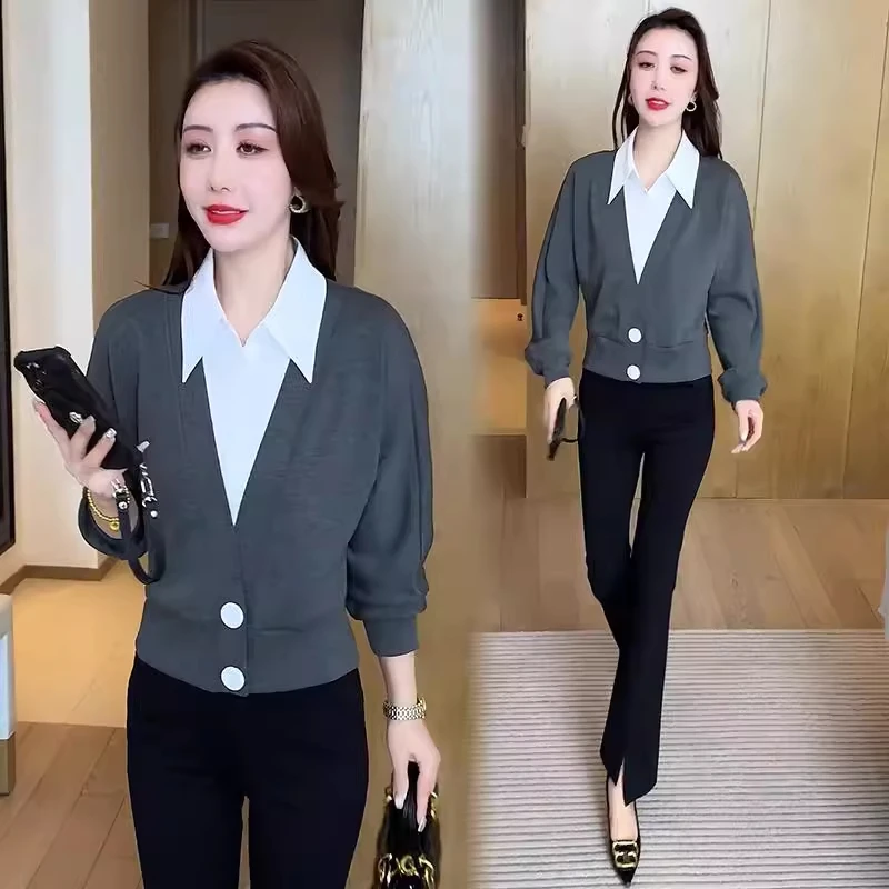 拉夏贝尔上衣女装2025年新款小个子时尚设计感假两件拼接长袖衬衫