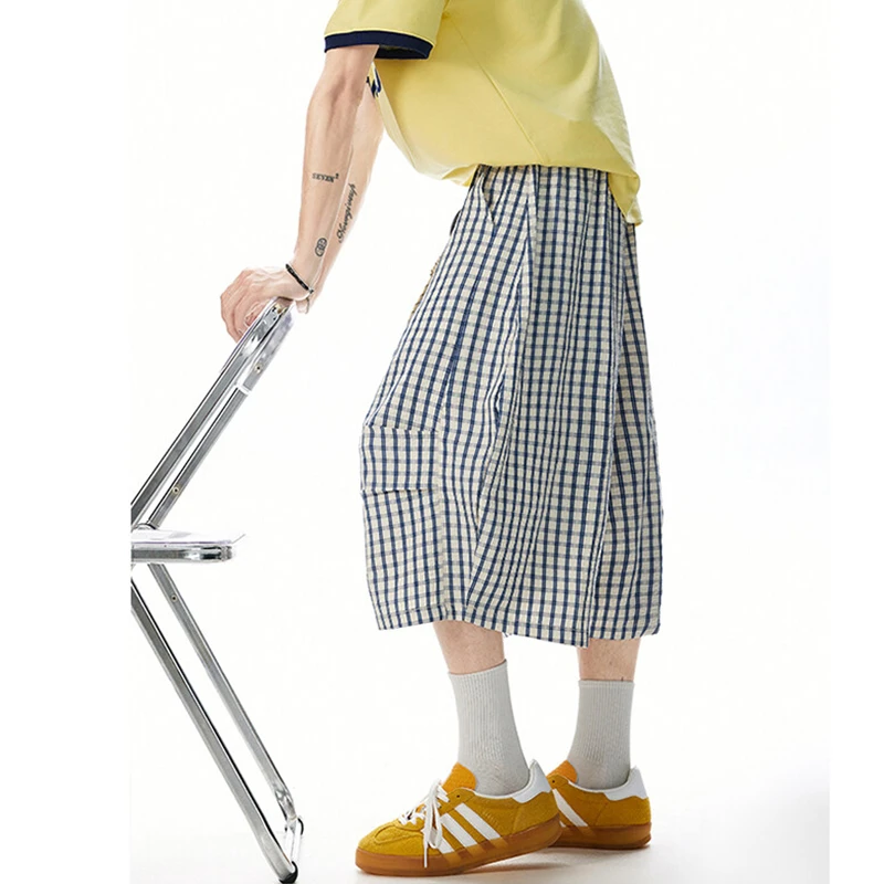 胖mm显瘦大码七分裤星星挂饰格纹短裤女夏季短裤过膝盖宽松弯刀裤