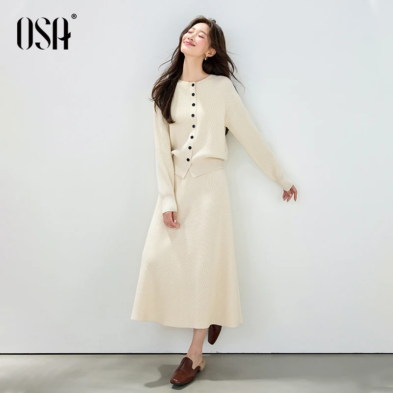 OSA/欧莎 针织裙装两件套女职场通勤套头衫半裙套装S125C15009