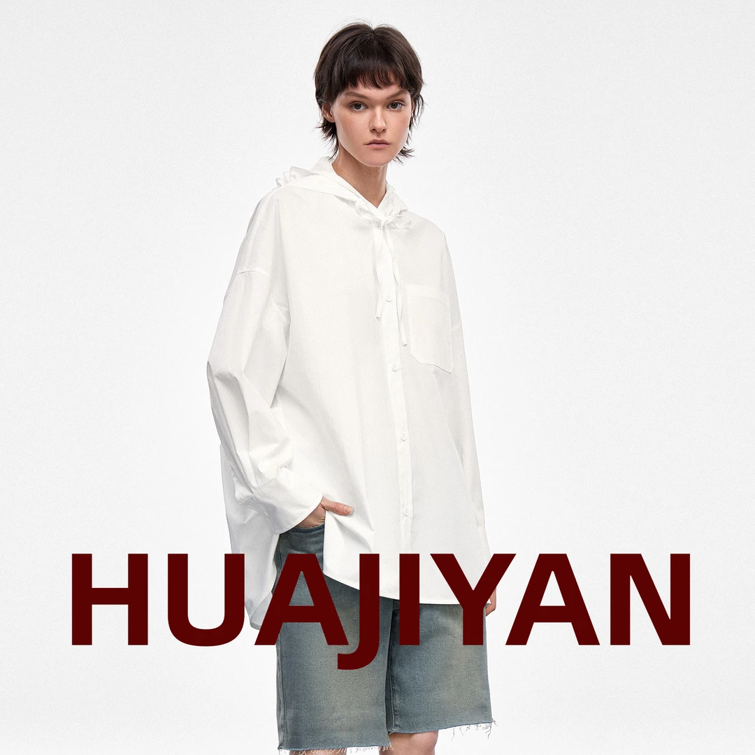 华吉言/HUAJIYAN【纸鸢】棉混纺纸感直筒宽松拉绳连帽衬衫
