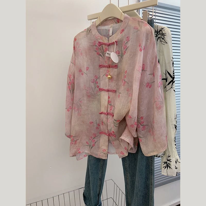 新中式国风盘扣复古女装印花防晒衬衫外套长袖气质上衣女宽松小衫