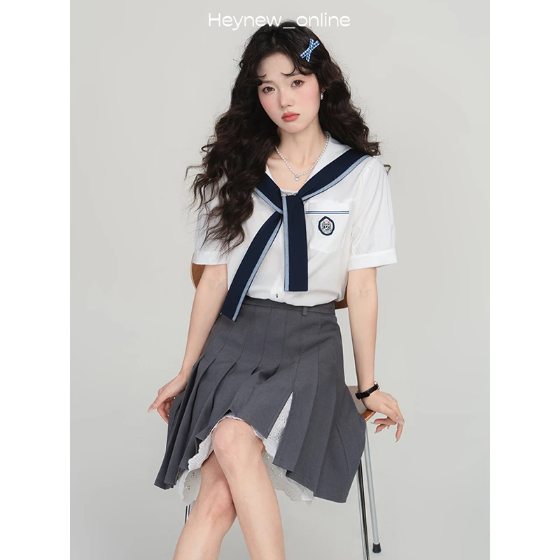 LOVEHEYNEW日系海军领衬衫短袖女学院风显瘦小个子上衣-5C1184