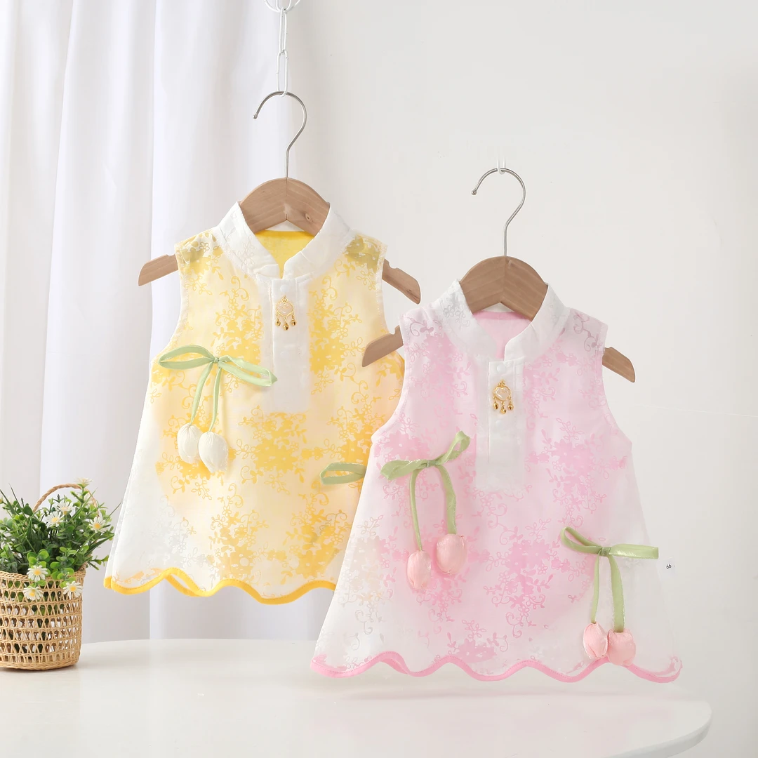 婴儿夏季新中式包屁裙郁金香薄款中国风哈衣洋气无袖蕾丝外出服