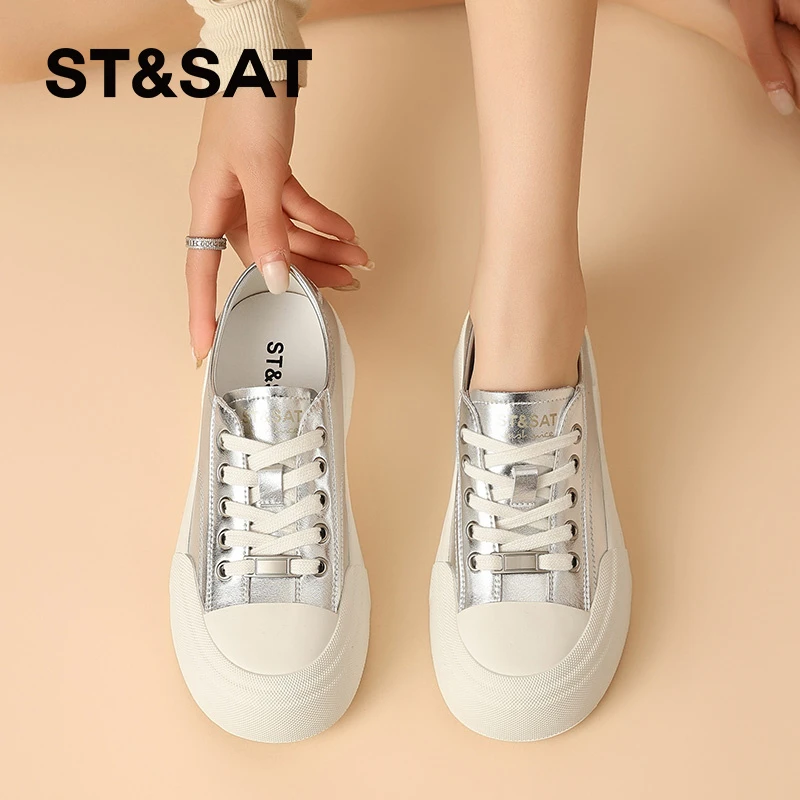 星期六系带小白鞋女2025春季新款女鞋百搭厚底休闲松糕鞋增高板鞋