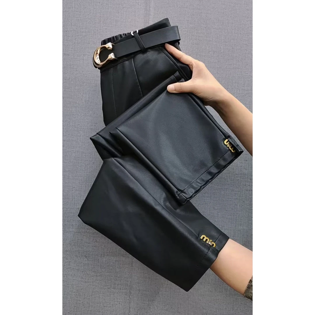 八分水洗pu休闲裤女2025年秋季新款高腰显瘦直筒裤简约百搭皮尤裤