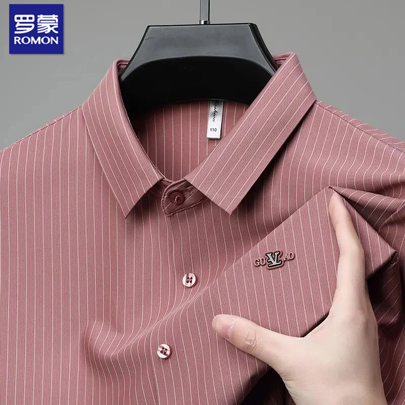 罗蒙夏季新款男士翻领冰丝短袖衬衫宽松时尚男士韩版冰丝宽松衬衫