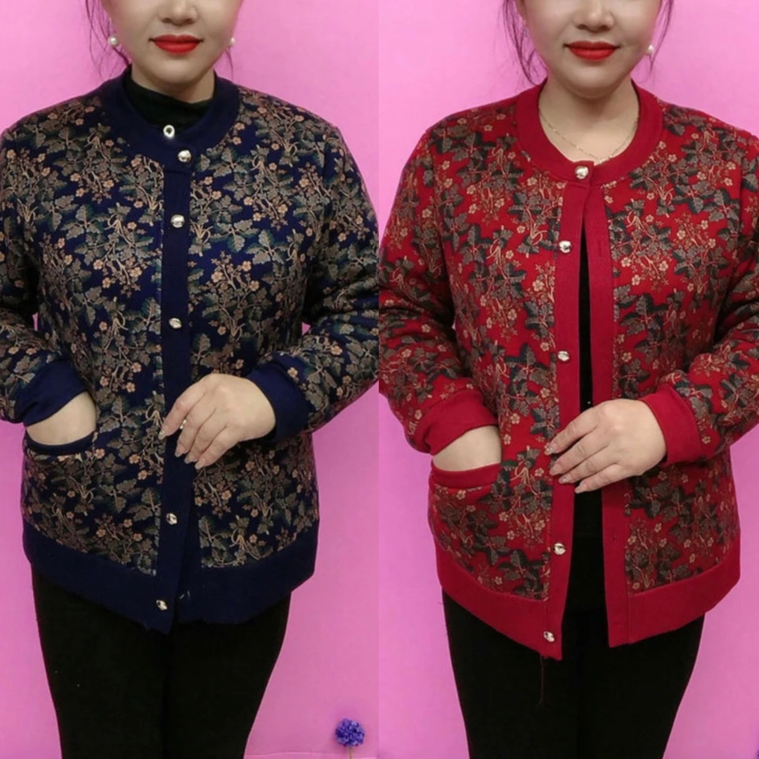 秋冬新款中老年加绒开衫外套妈妈保暖加厚上衣