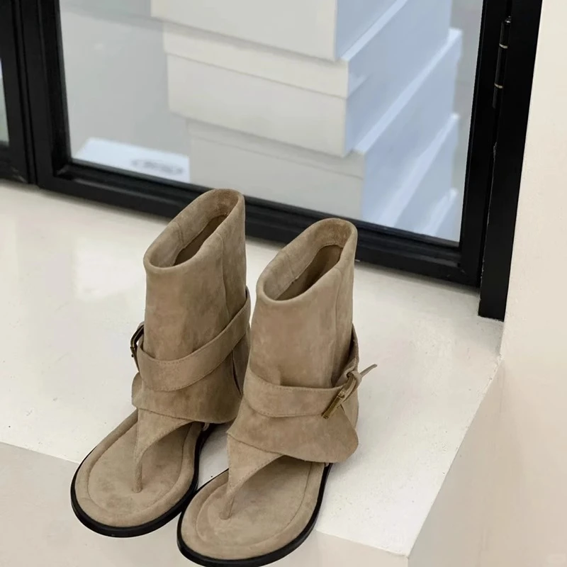 复古粗跟羊皮内增高短靴女百搭时尚瘦瘦靴气质弹力马丁靴秋冬季外