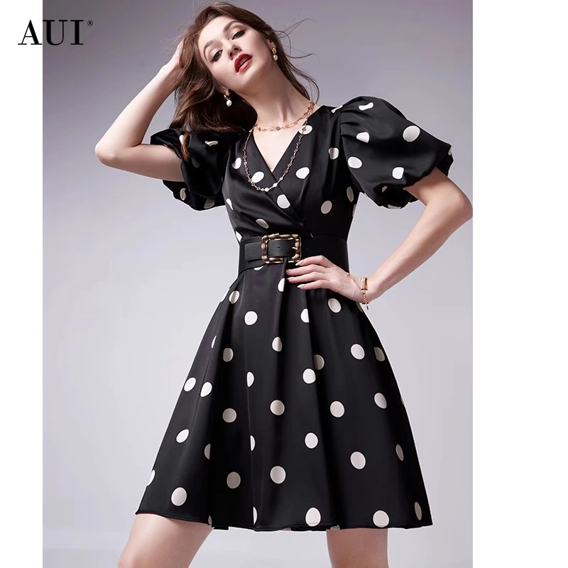 【诗语专属】AUI黑色波点泡泡袖连衣裙收腰A字裙女-24W014609