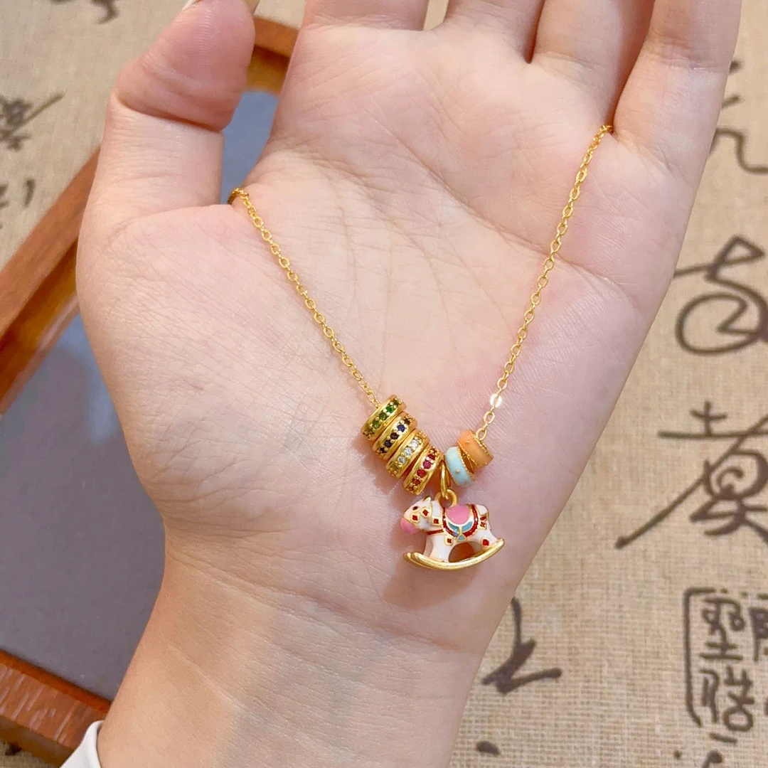 越南木马珐琅圈点钻跑珠小木马时尚项链情人节礼物