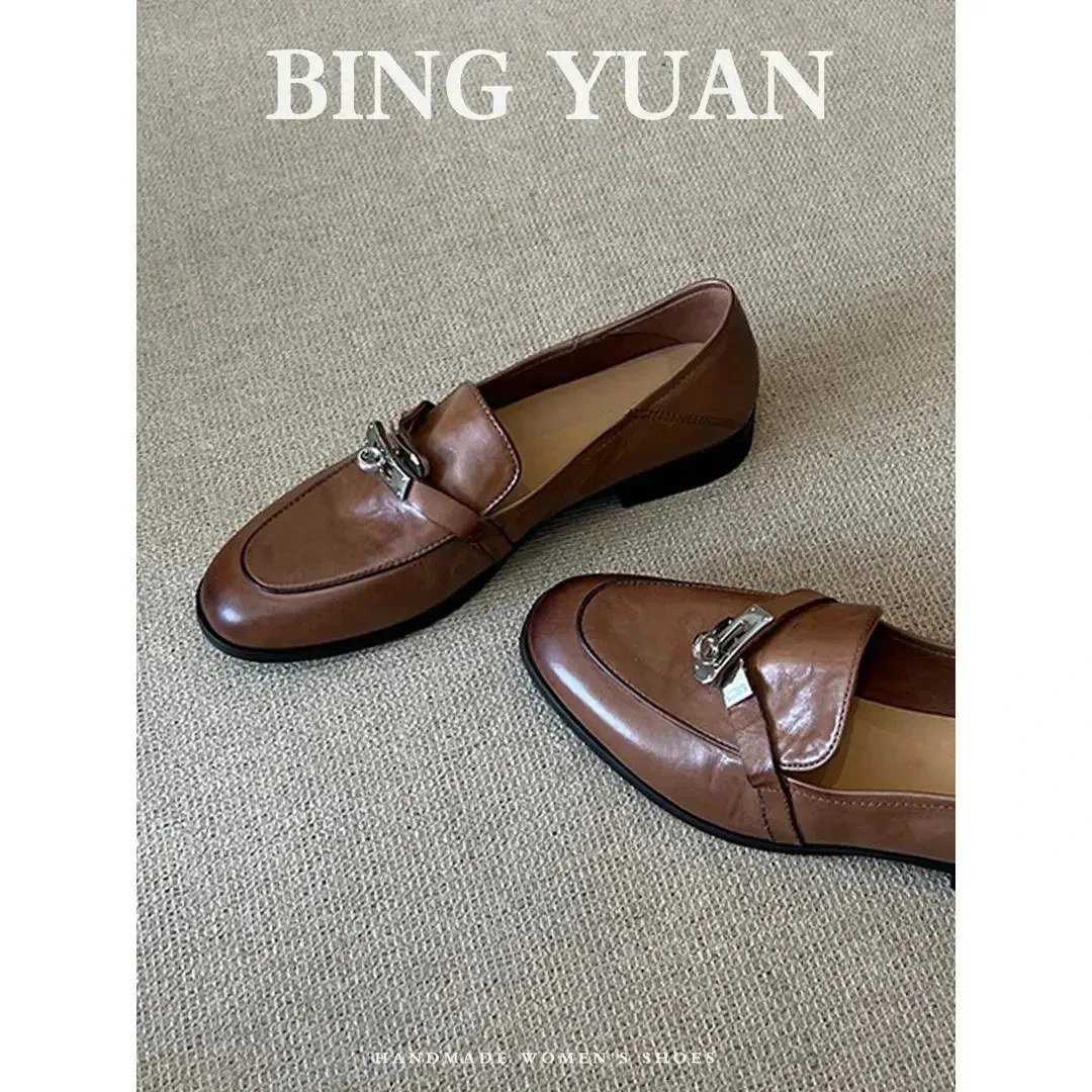 【万达撤柜】牛皮版~真皮英伦锁扣乐福鞋女懒人一脚蹬粗跟单鞋复