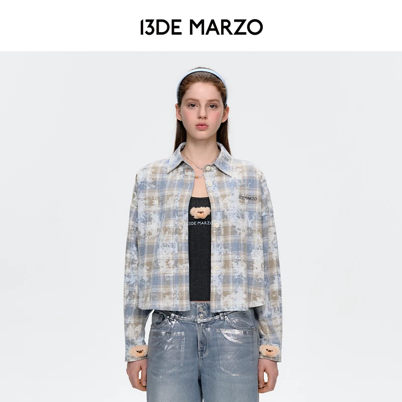 13DE MARZO女士 25春夏新款格纹衬衫短款气质复古宽松百搭外套