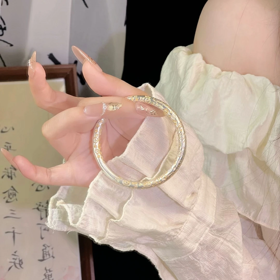 999纯银手镯女古法吉言描金磨砂闭口银手镯生日情人节礼物送女友