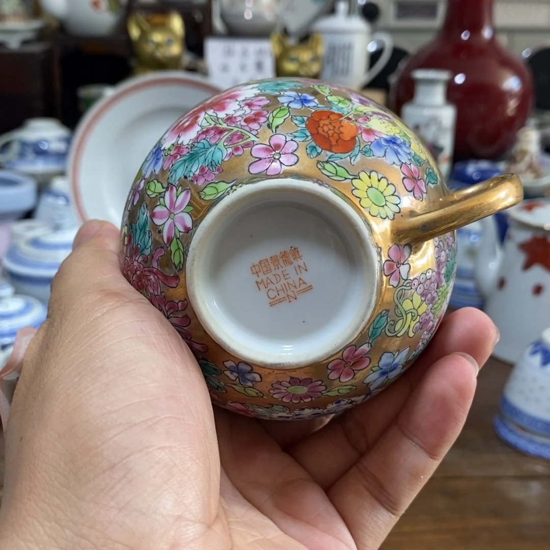 摆件金地百花杯子一个 一点点脱金