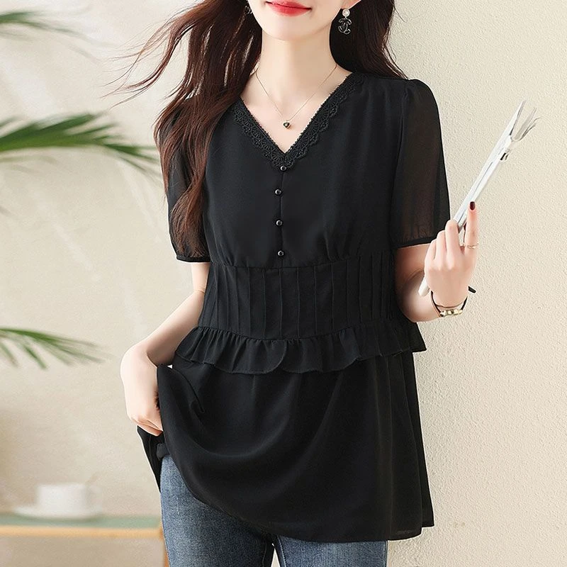 时尚女士短袖衬衫夏季宽松高级设计感荷叶边拼接上衣洋气小衫